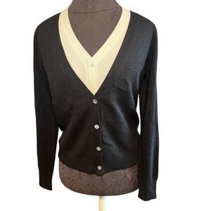 InCashmere Black Cream Double Cardigan Sweater Cashmere Small NEW NWT